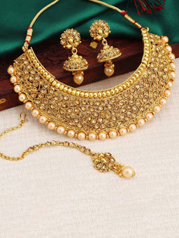 Sukkhi - Modish Let Gold Plated Pearl Choker Necklace , Earring And Maangtikka (Set of 3)