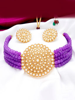 Sukkhi - Purple 18k Gold Necklace And Earrings (Set Of 2)