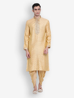 Sanwara - Men's Gold & Fawn Woven Design Straight Kurta With Kaul Dhoti (Set of 2)