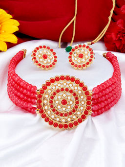 Sukkhi - Eye-Catchy Gold Plated Red & White Pearl Choker Necklace Set for Women - SKR70452