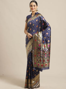 Sareemall - Navy Blue Floral Saree with Unstitched Blouse