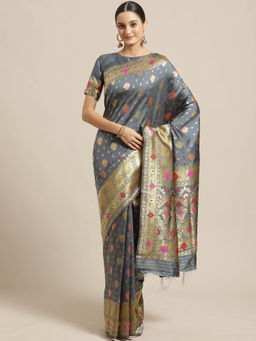 Sareemall - Grey Floral Saree with Unstitched Blouse