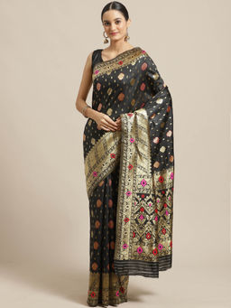 Sareemall - Black Floral Saree with Unstitched Blouse