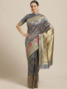 Sareemall - Grey Printed Saree with Unstitched Blouse