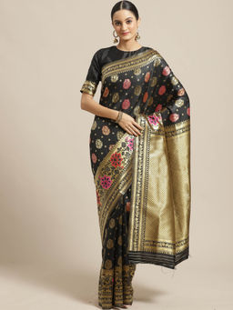 Sareemall - Black Printed Saree with Unstitched Blouse