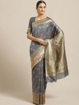 Sareemall - Grey Floral Saree with Unstitched Blouse