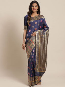 Sareemall - Navy Blue Floral Saree with Unstitched Blouse