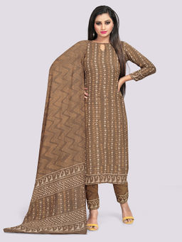 Biba - Brown Printed Unstitched Dress Material (Set of 3)