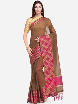 Stylee LIFESTYLE - Brown Banaras Silk Jacquard Saree With Un-Stitched Blouse