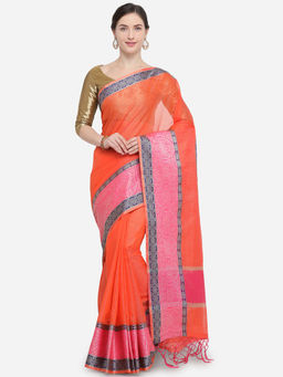 Stylee LIFESTYLE - Orange Kota Silk Jacquard Saree With Un-Stitched Blouse