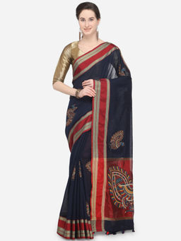 Stylee LIFESTYLE - Navy Blue Art Silk Printed Saree With Un-Stitched Blouse