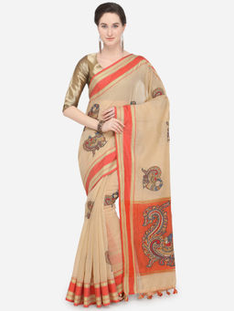 Stylee LIFESTYLE - Beige Art Silk Printed Saree With Un-Stitched Blouse
