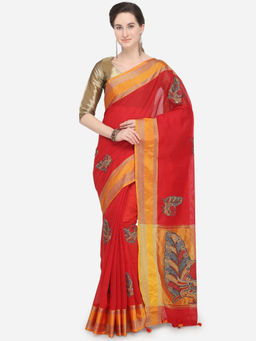 Stylee LIFESTYLE - Red Art Silk Printed Saree With Un-Stitched Blouse
