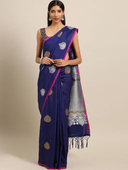 Stylee LIFESTYLE - Navy Blue Banaras Silk Jacquard Saree With Un-Stitched Blouse