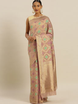 Stylee LIFESTYLE - Beige Banaras Silk Jacquard Saree With Un-Stitched Blouse