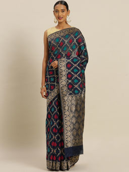Stylee LIFESTYLE - Navy Blue Banaras Silk Jacquard Saree With Un-Stitched Blouse