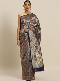 Stylee LIFESTYLE - Navy Blue Banaras Silk Jacquard Saree With Un-Stitched Blouse