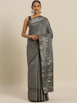 Stylee LIFESTYLE - Grey Banaras Silk Jacquard Saree With Un-Stitched Blouse