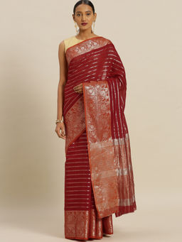 Stylee LIFESTYLE - Maroon Banaras Silk Jacquard Saree With Un-Stitched Blouse