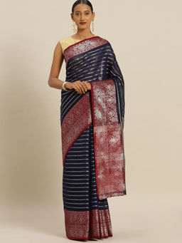 Stylee LIFESTYLE - Navy Blue Banaras Silk Jacquard Saree With Un-Stitched Blouse