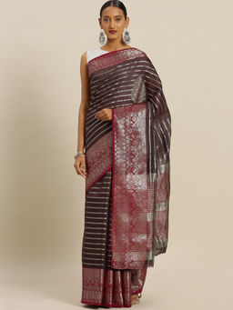 Stylee LIFESTYLE - Brown Banaras Silk Jacquard Saree With Un-Stitched Blouse