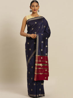 Stylee LIFESTYLE - Navy Blue Chanderi Silk Jacquard Saree With Un-Stitched Blouse