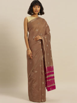 Stylee LIFESTYLE - Beige Chanderi Silk Jacquard Saree With Un-Stitched Blouse