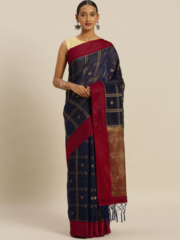 Stylee LIFESTYLE - Navy Blue Banaras Silk Jacquard Saree With Un-Stitched Blouse
