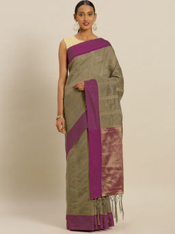 Stylee LIFESTYLE - Beige Banaras Silk Jacquard Saree With Un-Stitched Blouse