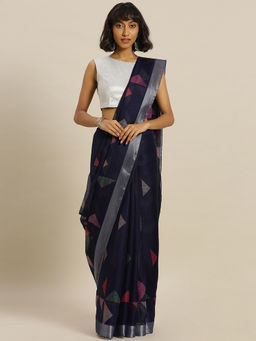 Stylee LIFESTYLE - Stylee-Lifestyle-Navy-Blue-Kora-Silk-Printed-Saree-With-Un-Stitched-Blouse