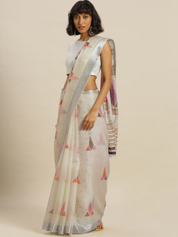 Stylee LIFESTYLE - Off White Kora Silk Printed Saree With Un-Stitched Blouse