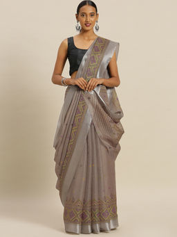 Stylee LIFESTYLE - Beige Kora Silk Printed Saree With Un-Stitched Blouse