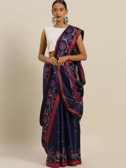 Stylee LIFESTYLE - Navy Blue Tussar Silk Printed Saree With Un-Stitched Blouse