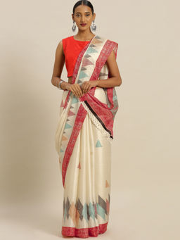 Stylee LIFESTYLE - Stylee-Lifestyle-Cream-Tussar-Silk-Printed-Saree-With-Un-Stitched-Blouse