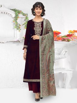 Stylee LIFESTYLE - Maroon Velvet Embroidered Unstitched Dress Material (Set of 3)