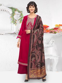 Stylee LIFESTYLE - Red Velvet Embroidered Unstitched Dress Material (Set of 3)