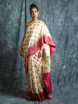 CHARUKRITI - Off White Woven Embellished Saree With Unstitched Blouse