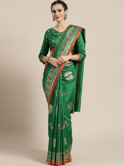Sareemall - Green Casual Art Silk Foil Print Saree With Unstitched Blouse