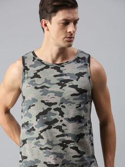 Urbano Fashion - Men's Grey Military Camouflage Printed Slim Fit Sleeveless Cotton T-Shirt