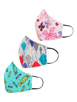 Tossido - 8-14 Years Unisex Kids 100% Cotton 3 Ply Anti Microbial Masks - Multi-Color (Free Size)