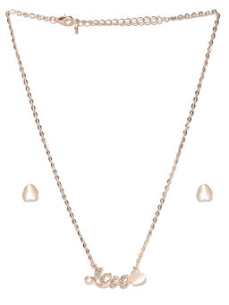 Jewels Galaxy - Rose Gold Toned Stone Studded Love Necklace With Earrings