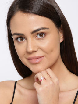 Jewels Galaxy - AD Studded Crown Design Rose Gold Plated Plushy Ring