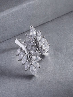 Jewels Galaxy - Fascinating Crystal Leaf Design Silver Plated Adjustable Ring