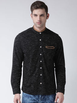 Club York - Mens Black Full Sleeve Self Design Mandarin Colllar Casual Shirt with Mock Pocket