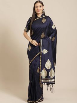Sareemall - Navy Blue Festive Silk Blend Woven Saree With Unstitched Blouse