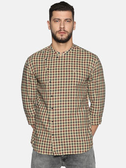 SHOWOFF - Cotton Green And Beige Checks Casual Slim Fit Shirt