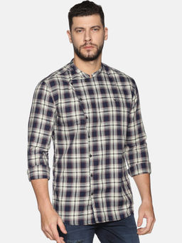 SHOWOFF - Cotton Beige And Navy Checks Printed Slim Fit Shirt