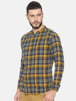 SHOWOFF - Cotton Yellow And Navy Checks Casual Slim Fit Shirt