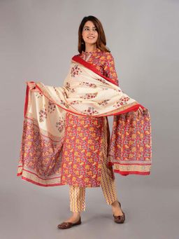 Biba - Red Unstitched Dress Material Suit (Set of 3)