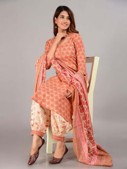 Biba - Red Unstitched Dress Material Suit (Set of 3)